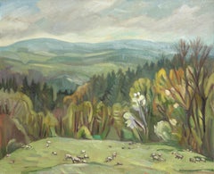 "The Sheeps", Graze, Forest and Hills Green Impressionist Landscape Oil Painting