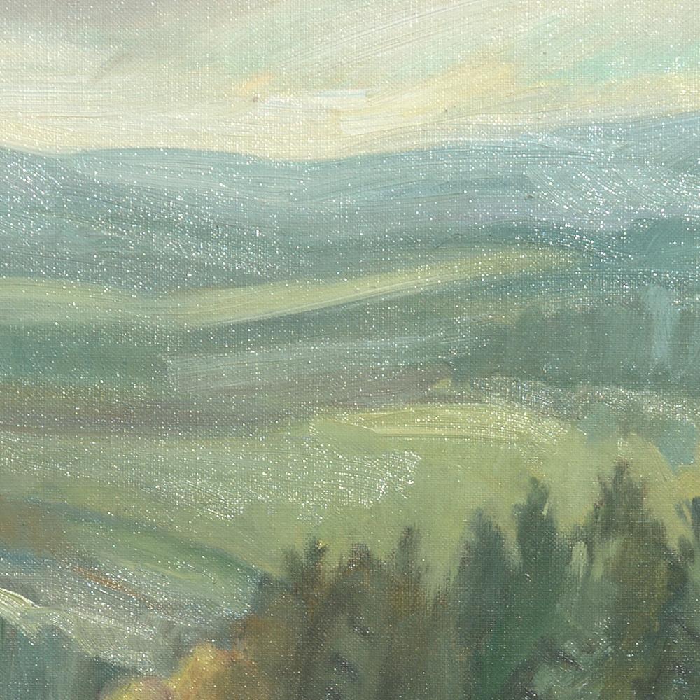 This artwork depicts sheeps grazing in a prairie bounded by deciduous trees, behind which a softwood forest is visible.  Hills extend on the background.

Yves Calméjane usually uses light impasto techniques, with the weft of the canvas often still