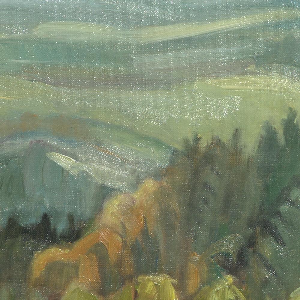 This artwork depicts sheeps grazing in a prairie bounded by deciduous trees, behind which a softwood forest is visible.  Hills extend on the background.

Yves Calméjane usually uses light impasto techniques, with the weft of the canvas often still