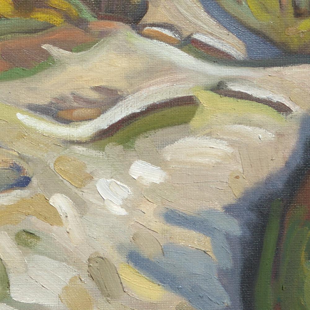This artwork depicts a rocky road bordered with fence posts.  A young multi stemmed tree stands on the left, and the road disappear into hills in the background.

Yves Calméjane usually uses light impasto techniques, with the weft of the canvas