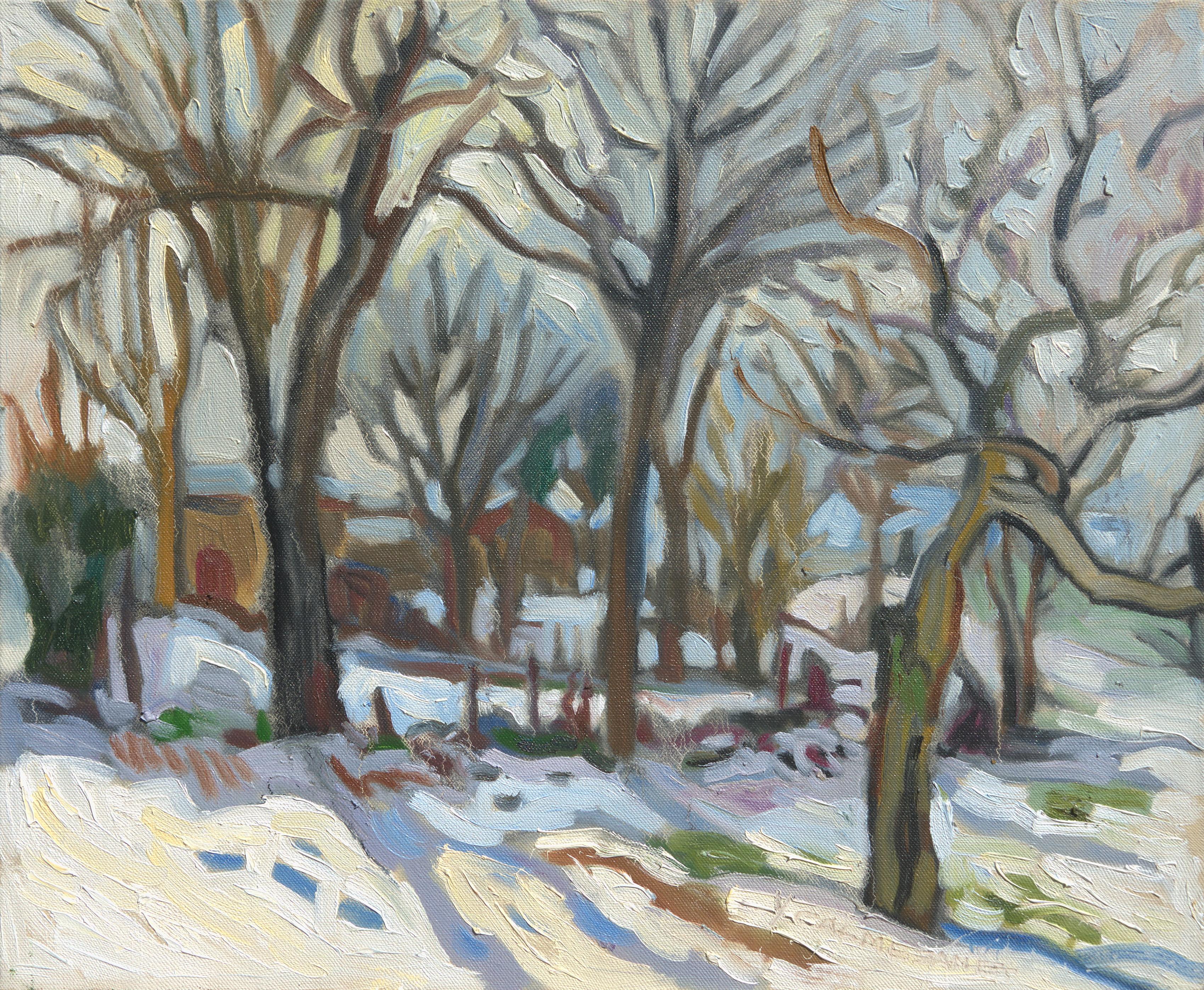 Yves Calméjane Landscape Painting – „Weiße Gärten“, Impressionistisches Ölgemälde, Winterlandschaft, Landleben