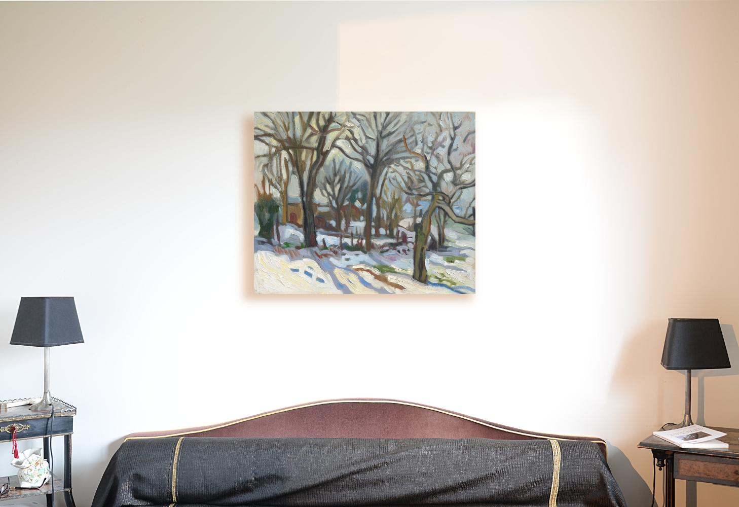 „Weiße Gärten“, Impressionistisches Ölgemälde, Winterlandschaft, Landleben – Painting von Yves Calméjane