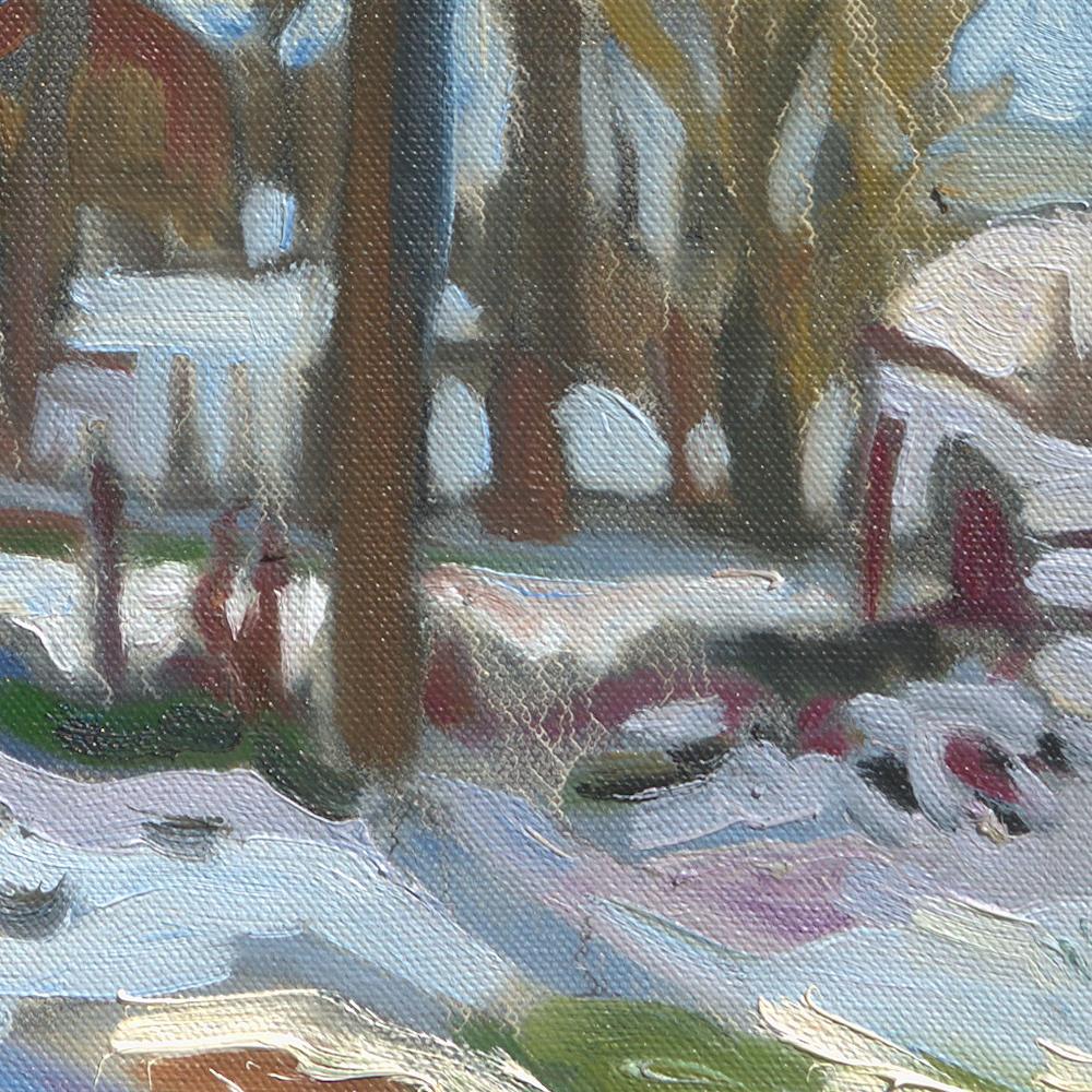„Weiße Gärten“, Impressionistisches Ölgemälde, Winterlandschaft, Landleben (Impressionismus), Painting, von Yves Calméjane
