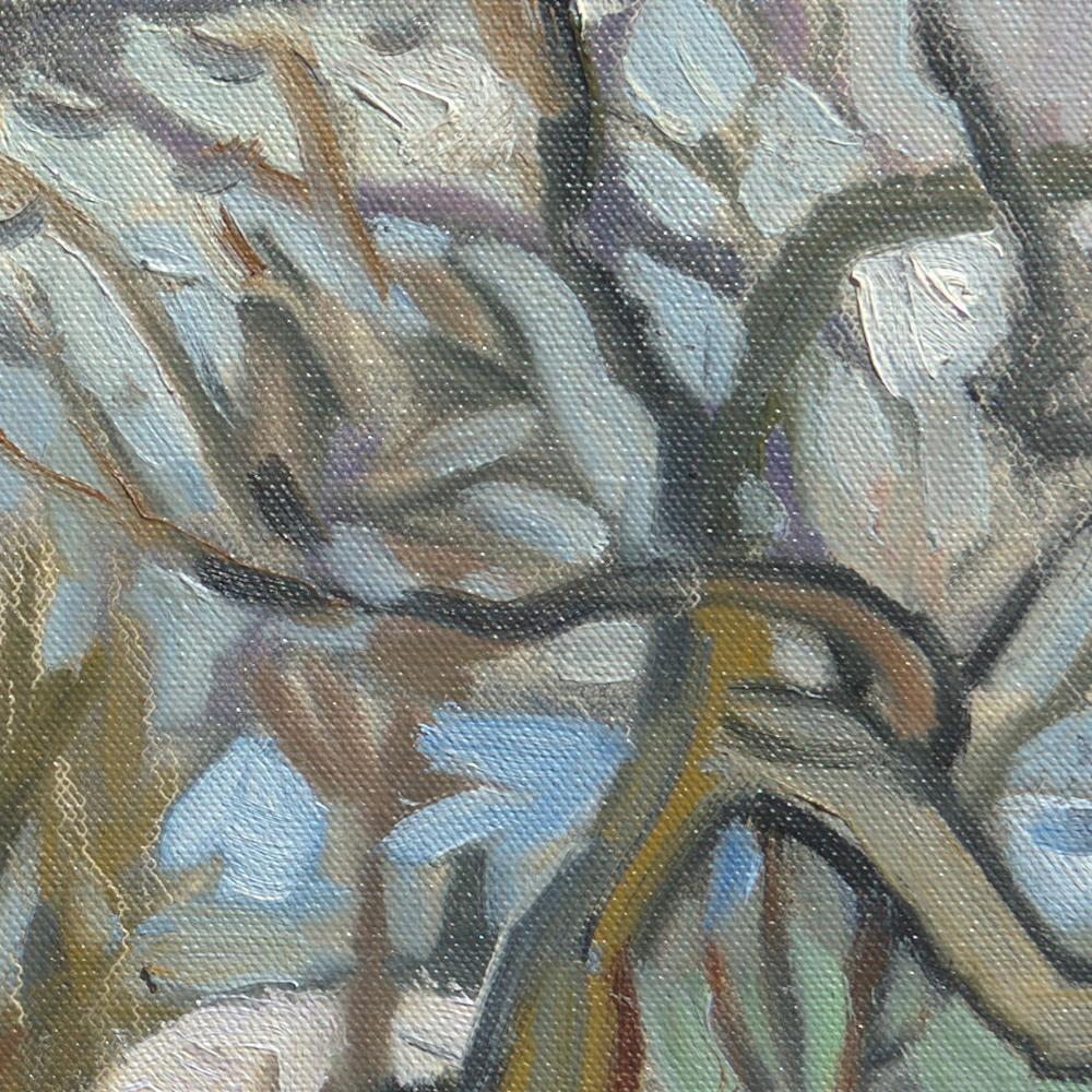 This artwork depicts gardens in winter, covered with snow, and many trees, through which houses are visible.

Yves Calméjane usually uses light impasto techniques, with the weft of the canvas often still visible. The reliefs are quite thin, the