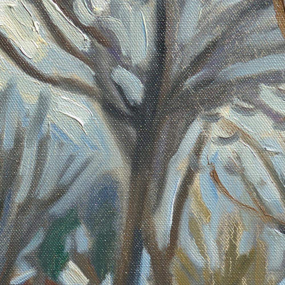 Dieses Kunstwerk zeigt Gärten im Winter, die mit Schnee bedeckt sind, und viele Bäume, durch die Häuser zu sehen sind.

Yves Calméjane verwendet in der Regel leichte Impasto-Techniken, wobei der Schussfaden der Leinwand oft noch sichtbar ist. Die