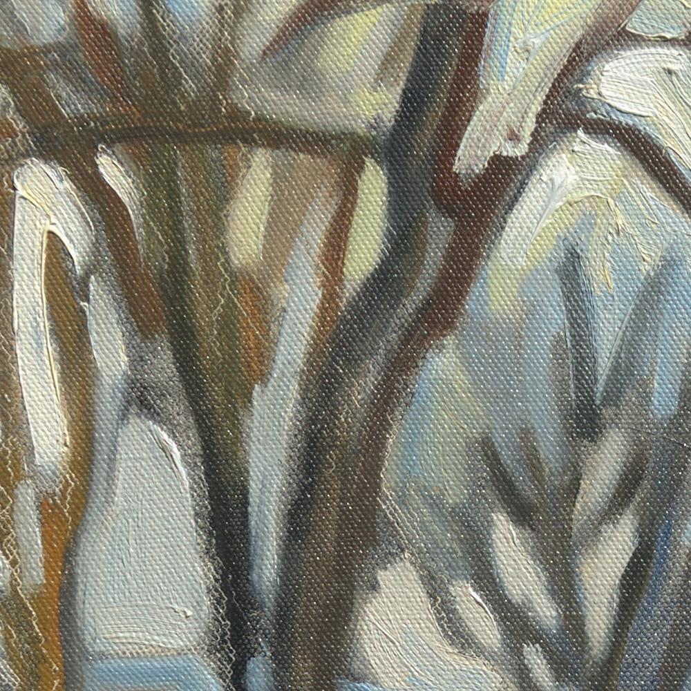 „Weiße Gärten“, Impressionistisches Ölgemälde, Winterlandschaft, Landleben im Angebot 1