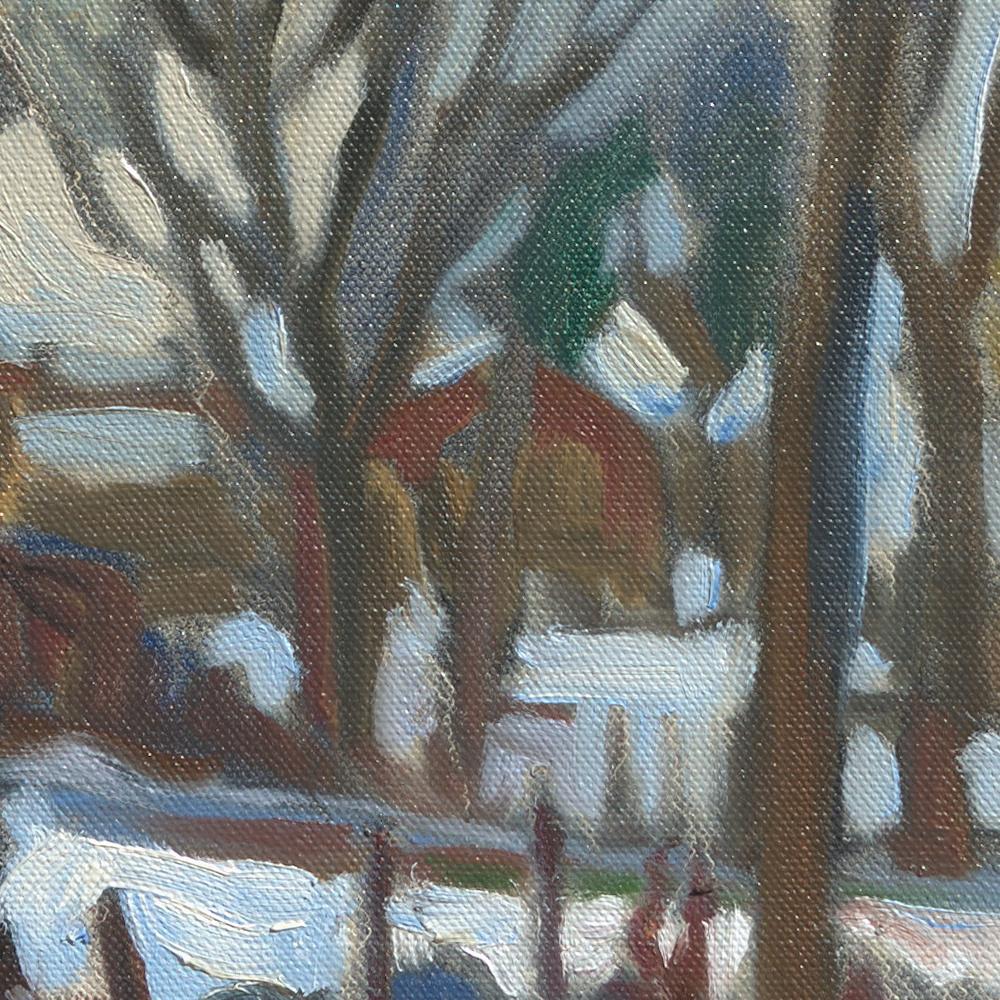 „Weiße Gärten“, Impressionistisches Ölgemälde, Winterlandschaft, Landleben im Angebot 2