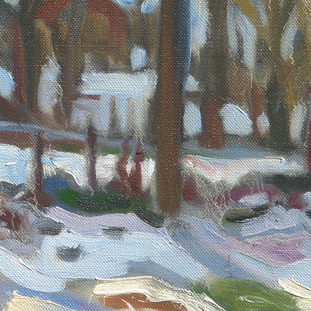 „Weiße Gärten“, Impressionistisches Ölgemälde, Winterlandschaft, Landleben im Angebot 6