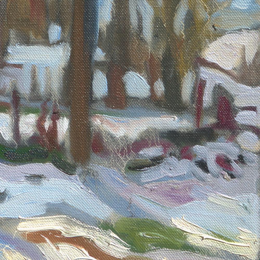 „Weiße Gärten“, Impressionistisches Ölgemälde, Winterlandschaft, Landleben im Angebot 7