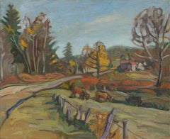 "Autumn Road", Rural Landscape with Cows Impressionist Oil Painting