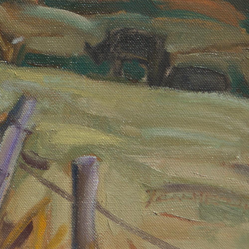 Peinture à l'huile impressionniste « Autumn Road », paysage rural avec vaches en vente 7