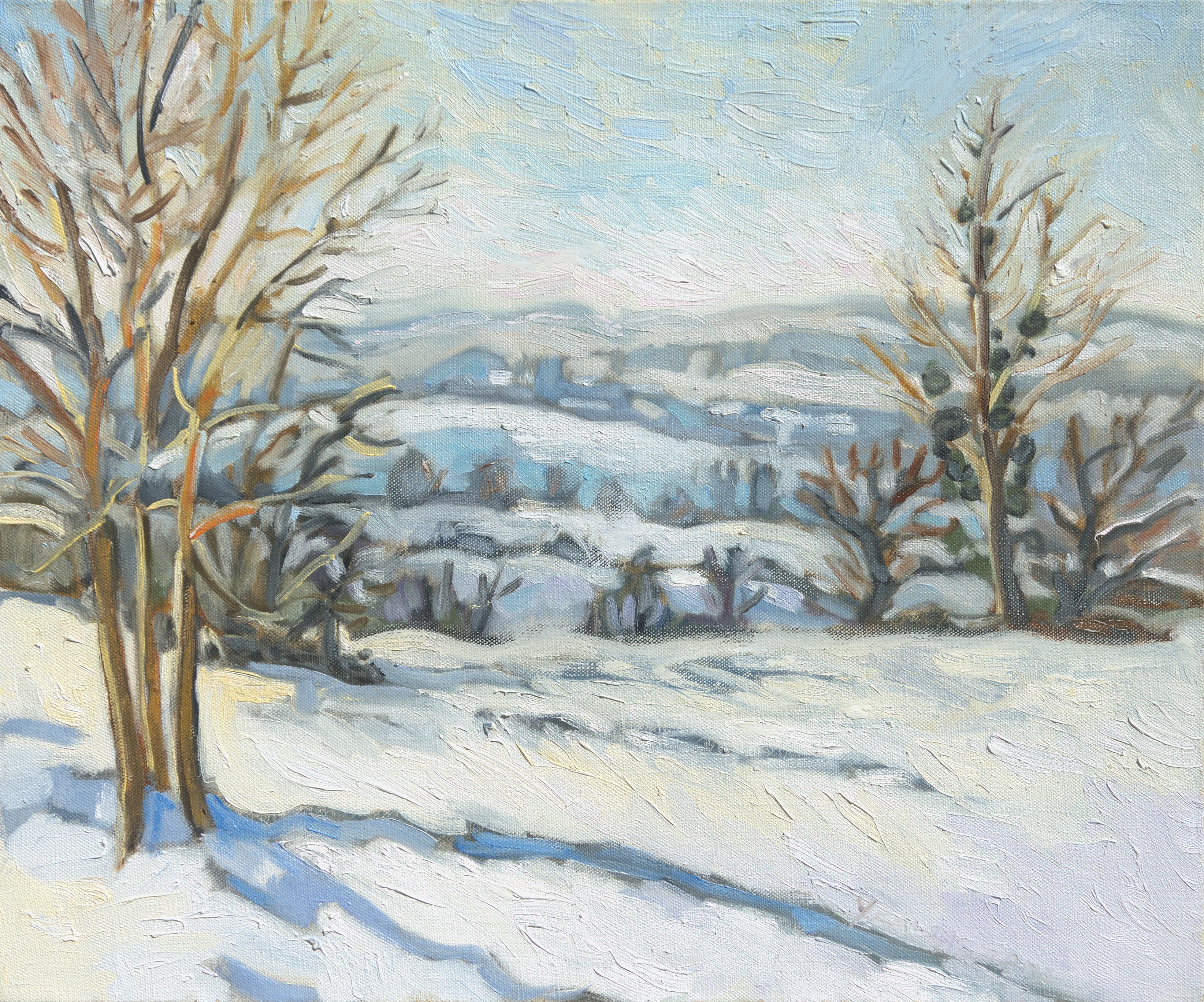 "The White Theater", Winter Rural Landscape Impressionist Oil Painting