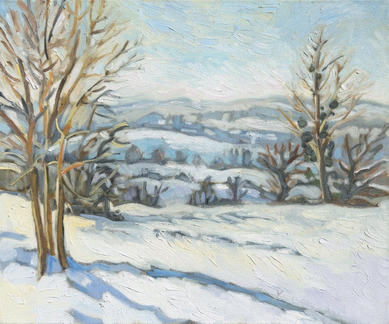 Yves Calméjane Landscape Painting - "The White Theater", Winter Rural Landscape Impressionist Oil Painting