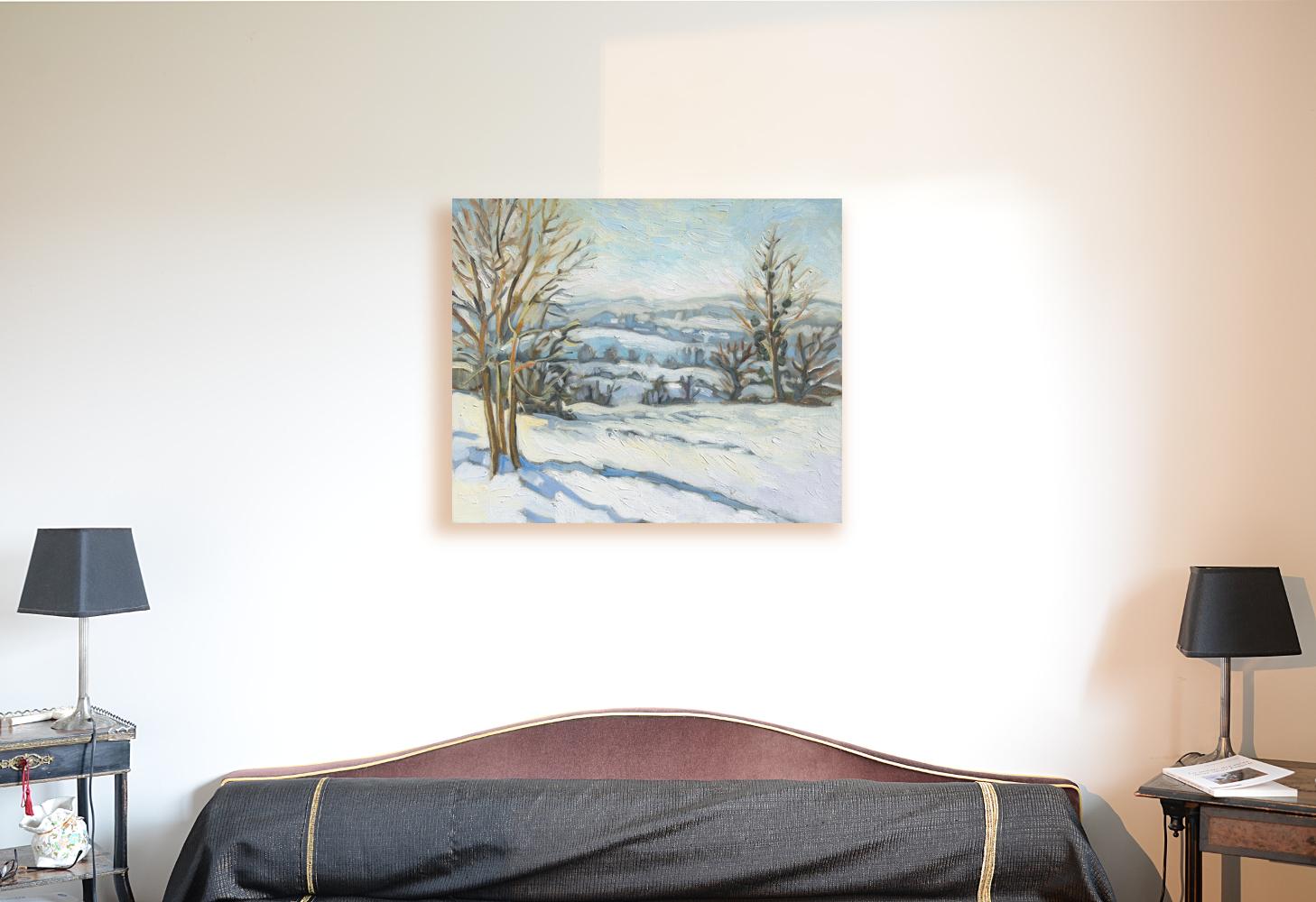Impressionistisches Ölgemälde „The White Theater“, Winter rural Landscape – Painting von Yves Calméjane