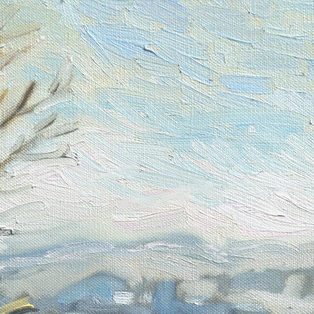 This artwork depicts a rural landscape in winter, covered with snow.  The cold weather can almost be felt through the frozen sky.

Yves Calméjane usually uses light impasto techniques, with the weft of the canvas often still visible. The reliefs