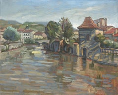 "The Water Gate", Rural Town River Landscape Impressionist Oil Painting