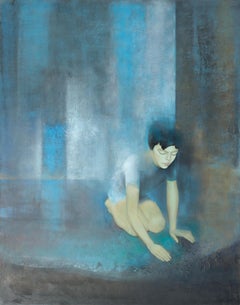 Peinture abstraite bleue et cyan « At the Gates of the Palace », garçon sur ses genoux