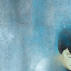 Peinture abstraite bleue et cyan « At the Gates of the Palace », garçon sur ses genoux