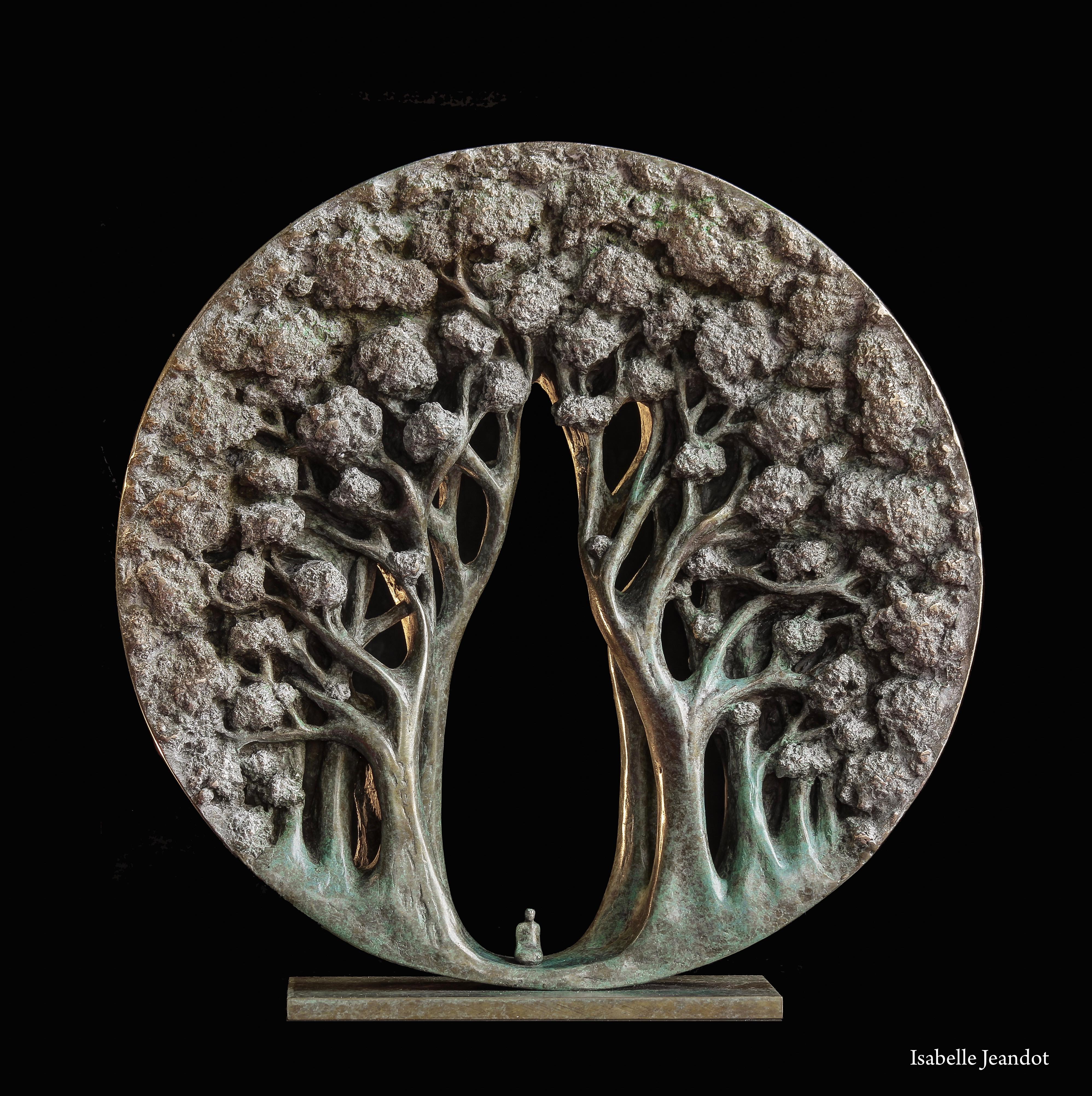 Isabelle Jeandot Figurative Sculpture - "The temple", Small Character in a Forest Circular Figurative Bronze Sculpture