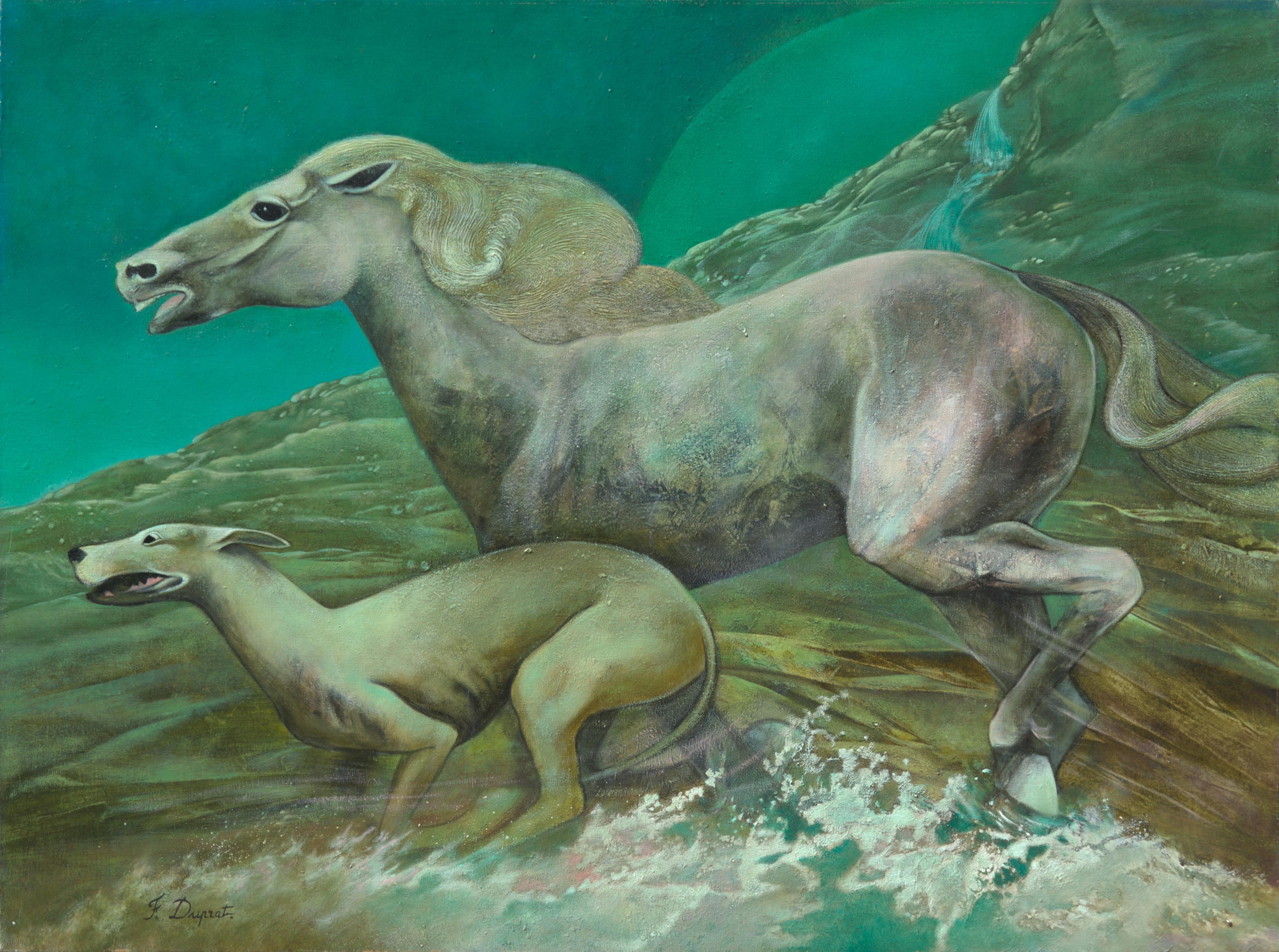 Françoise Duprat Landscape Painting - "The Race", Horse and Greyhound Running in Water Green Symbolist Oil Painting
