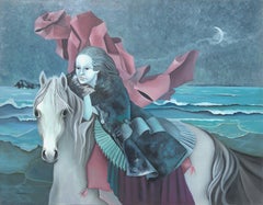 Retro "The Dream", Woman Riding a Horse by Night on the Beach Symbolist Oil Painting