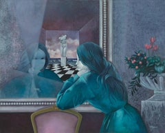 « Le secret, femme regardant dans le miroir », peinture à l'huile symboliste