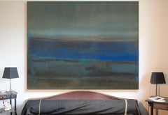 „Rain on the Gulf“:: Graublaues und braunes abstraktes Ölgemälde:: Meereslandschaft