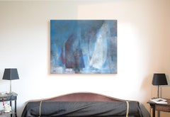 "Regata", pittura acrilica astratta di navi da corsa rosse, bianche e blu