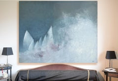 "Regatta", Blue-Gray Racing Ships and Large Wave Abstract Acrylic Painting