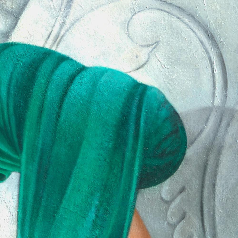 This large artwork is an early work from the figurative, symbolist artistic period of Françoise Duprat.  It depicts a woman with green clothes and scarf and a white mask.  Only her bust and head are visible, occupying the bottom left quarter of the