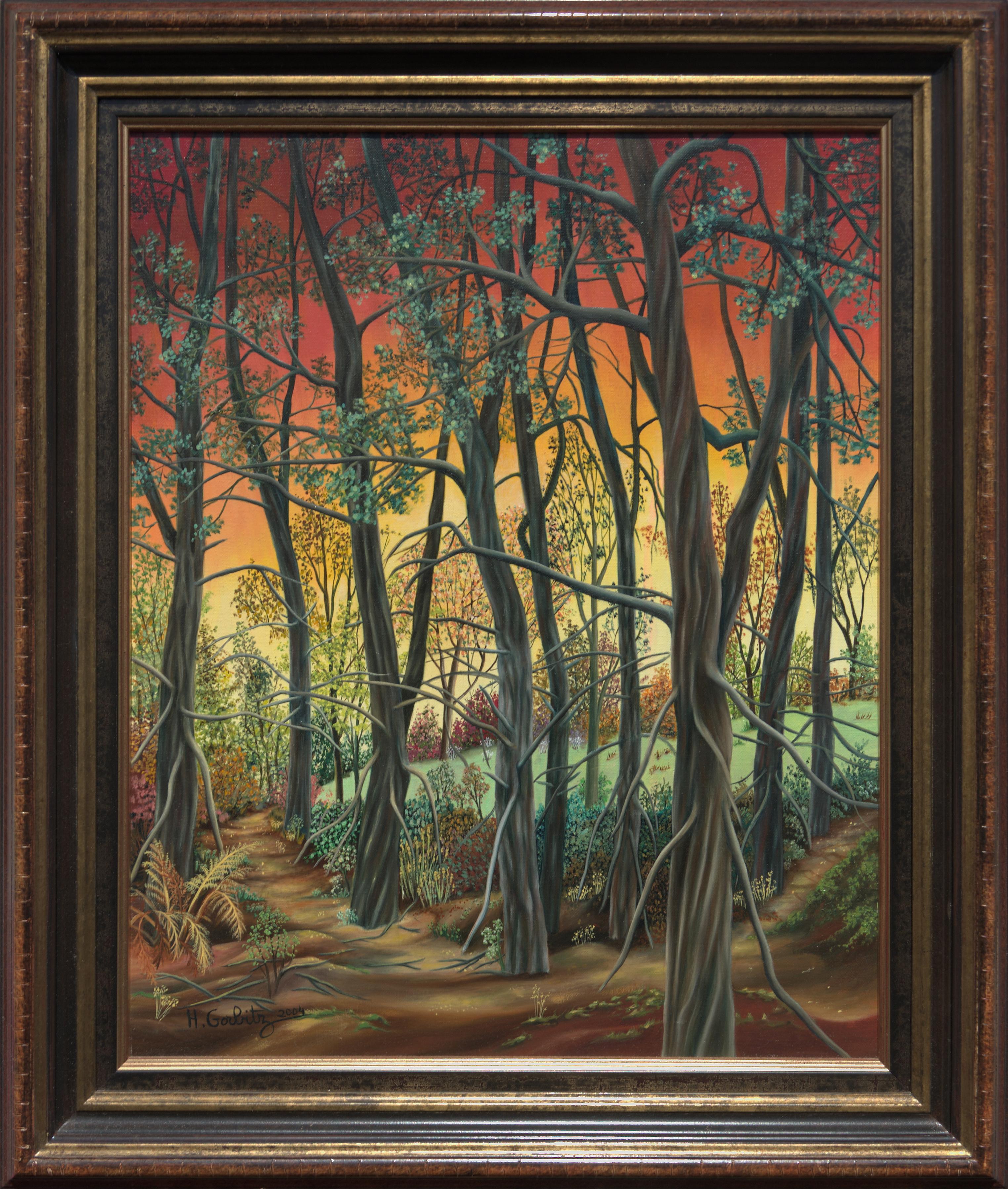 Henriette Gorbitz Landscape Painting – „“ Wald“, Entschlossene Bäume am Sonnenuntergang Landschaft Naive/ Primitivistisches Acrylgemälde