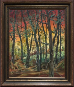 "Foresta", Paesaggio di alberi decidui al tramonto Pittura acrilica naif/primitivista