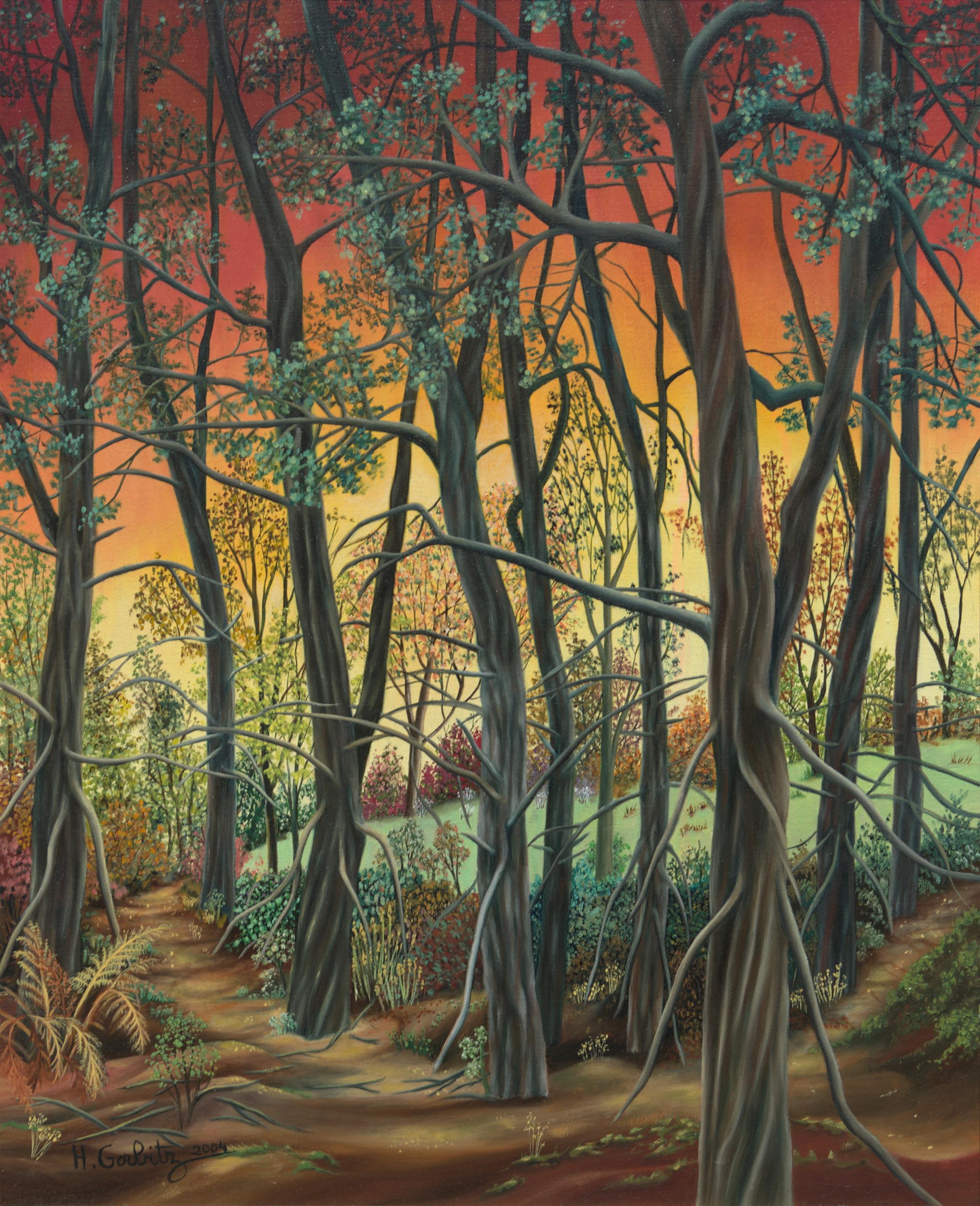 „“ Wald“, Entschlossene Bäume am Sonnenuntergang Landschaft Naive/ Primitivistisches Acrylgemälde – Painting von Henriette Gorbitz