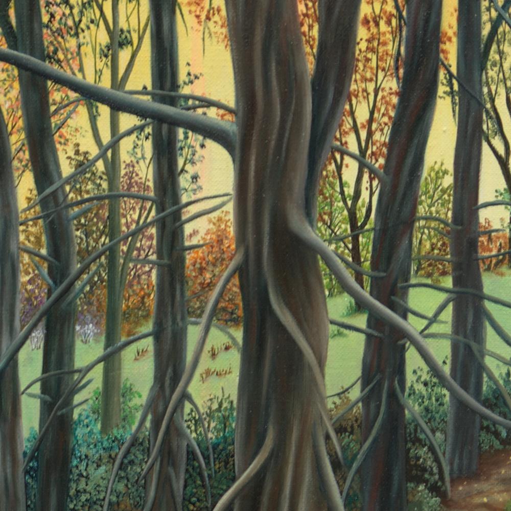 „“ Wald“, Entschlossene Bäume am Sonnenuntergang Landschaft Naive/ Primitivistisches Acrylgemälde im Angebot 1