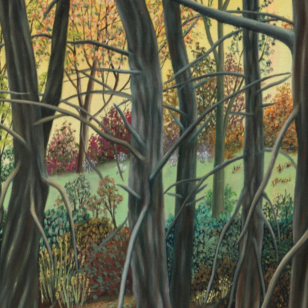 „“ Wald“, Entschlossene Bäume am Sonnenuntergang Landschaft Naive/ Primitivistisches Acrylgemälde im Angebot 3