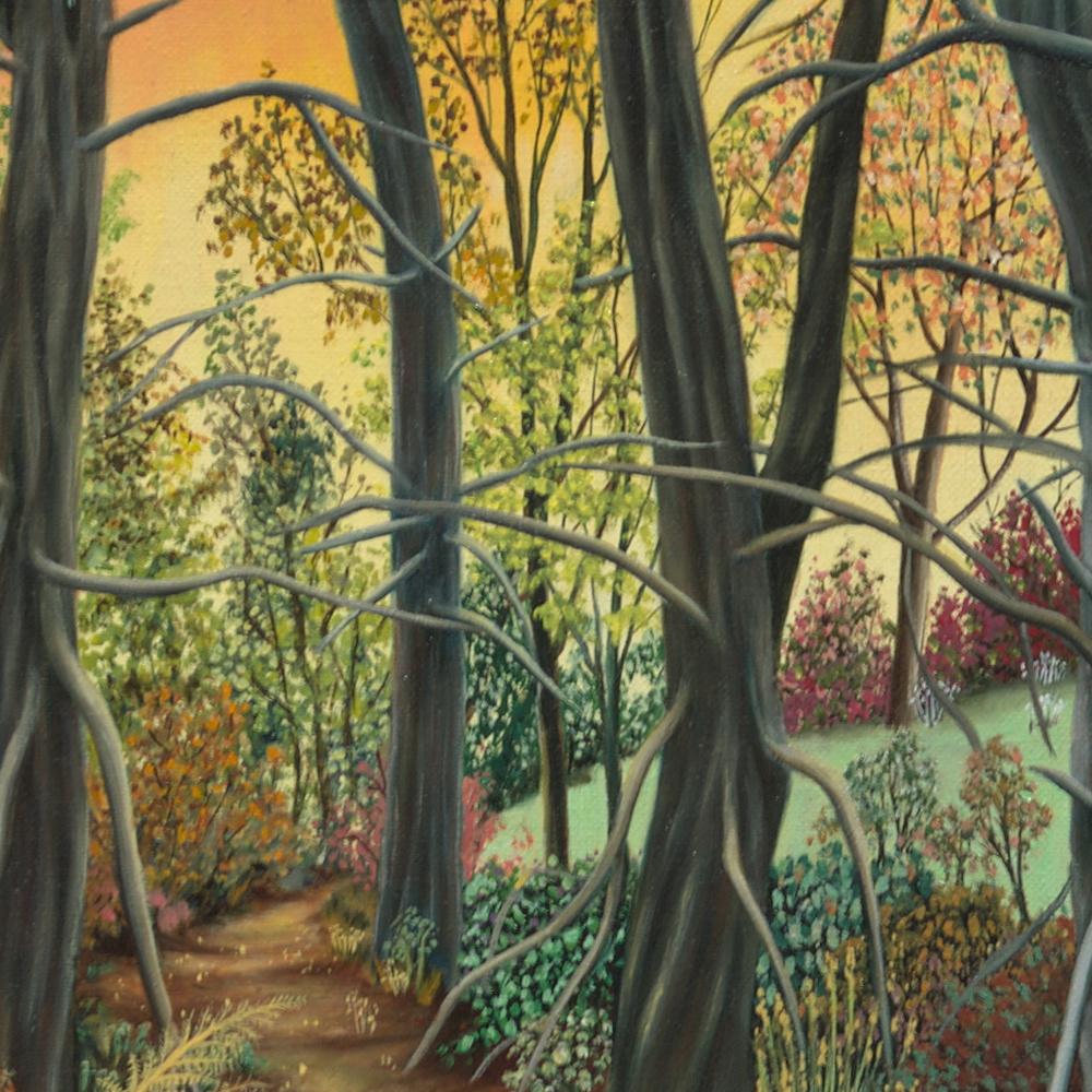 „“ Wald“, Entschlossene Bäume am Sonnenuntergang Landschaft Naive/ Primitivistisches Acrylgemälde im Angebot 4