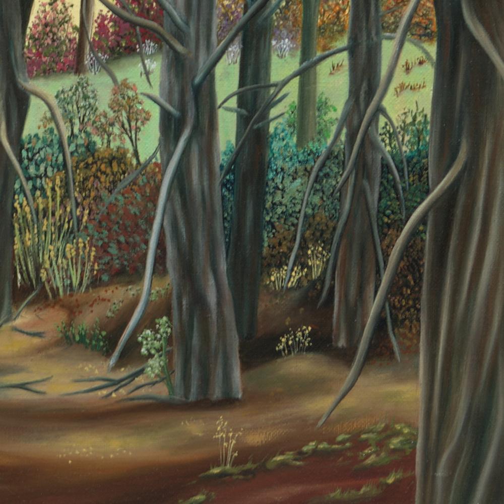 „“ Wald“, Entschlossene Bäume am Sonnenuntergang Landschaft Naive/ Primitivistisches Acrylgemälde im Angebot 5