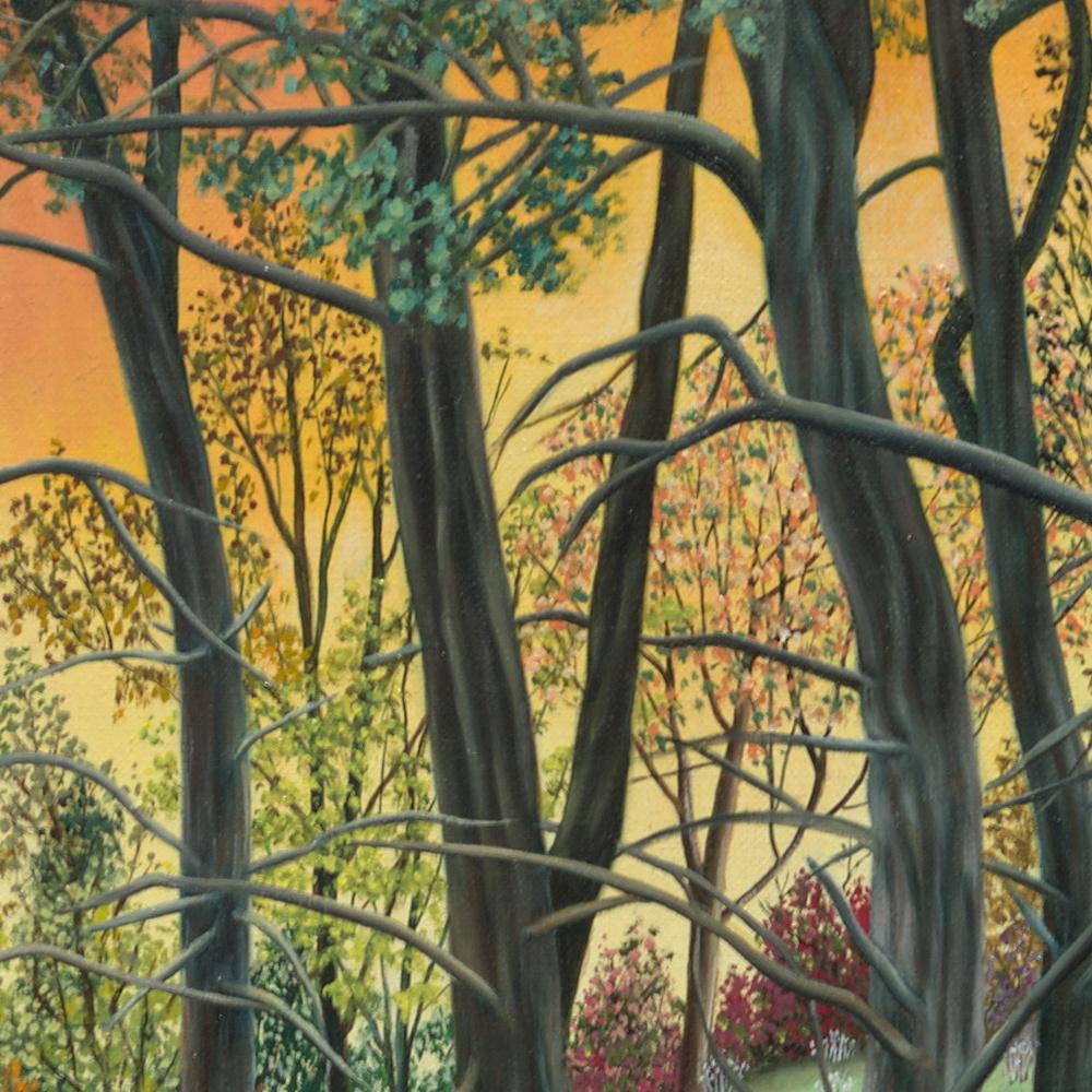 „“ Wald“, Entschlossene Bäume am Sonnenuntergang Landschaft Naive/ Primitivistisches Acrylgemälde im Angebot 6