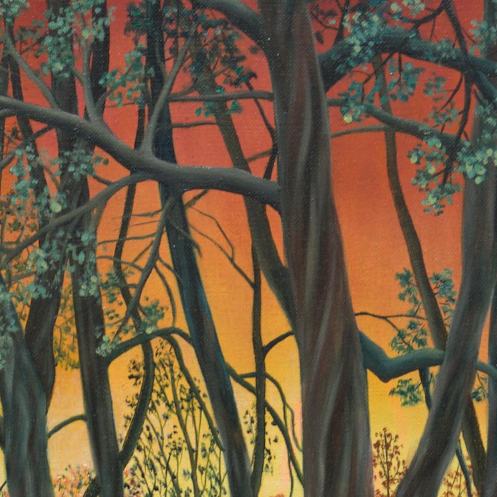 „“ Wald“, Entschlossene Bäume am Sonnenuntergang Landschaft Naive/ Primitivistisches Acrylgemälde im Angebot 8