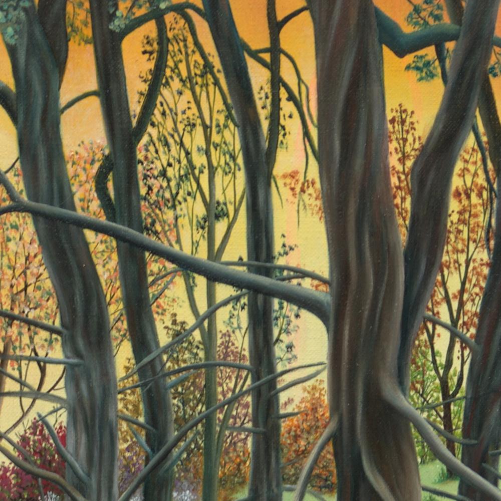 „“ Wald“, Entschlossene Bäume am Sonnenuntergang Landschaft Naive/ Primitivistisches Acrylgemälde im Angebot 9