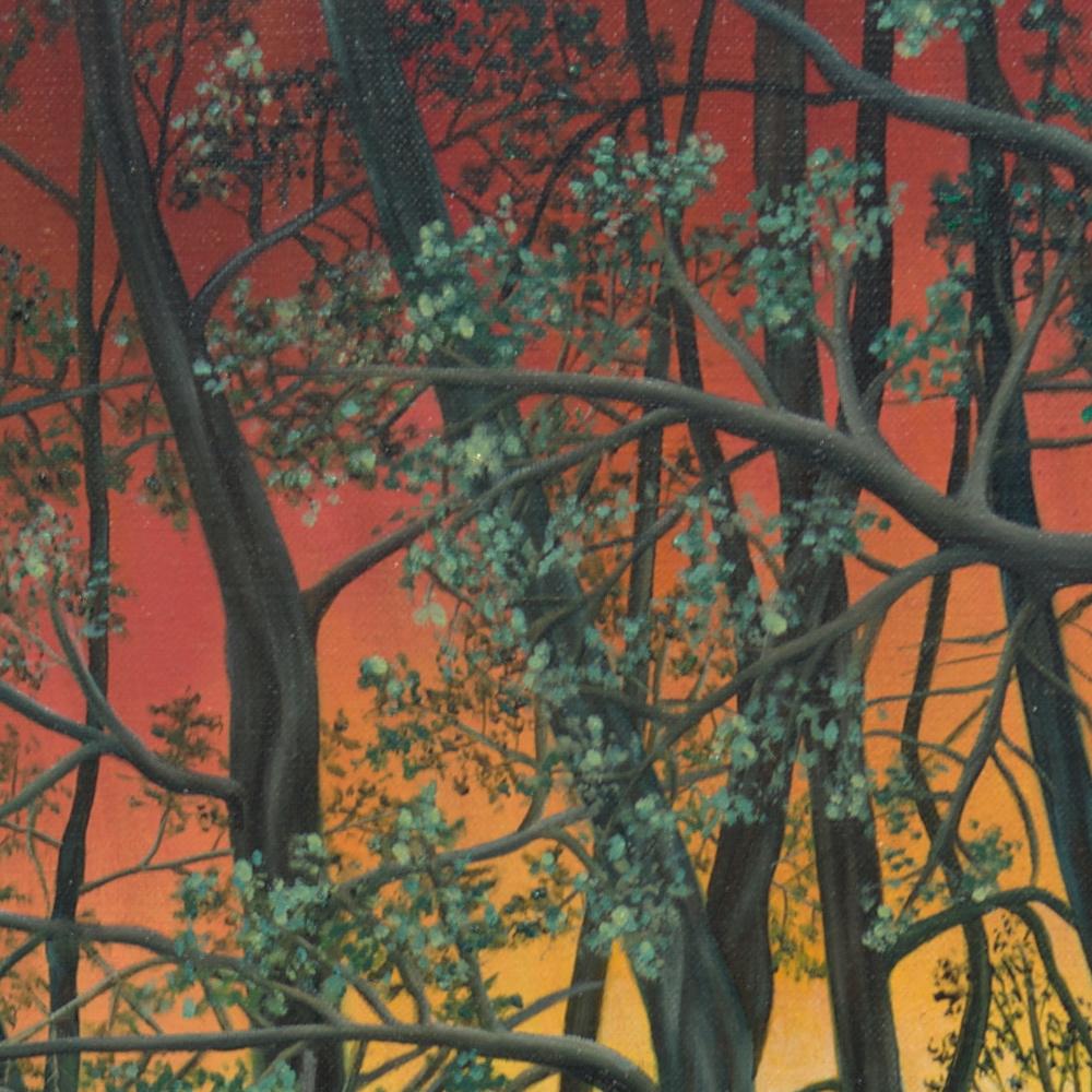 „“ Wald“, Entschlossene Bäume am Sonnenuntergang Landschaft Naive/ Primitivistisches Acrylgemälde im Angebot 10