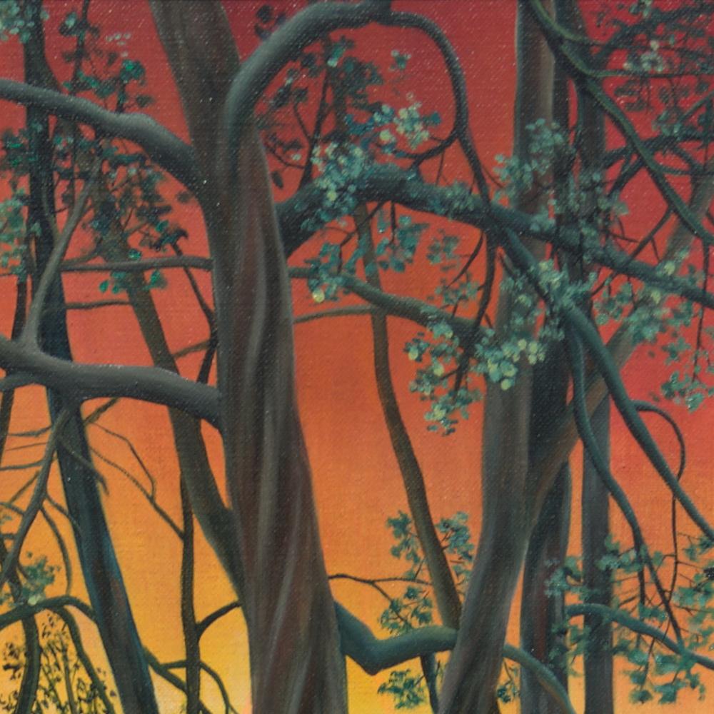 „“ Wald“, Entschlossene Bäume am Sonnenuntergang Landschaft Naive/ Primitivistisches Acrylgemälde im Angebot 11
