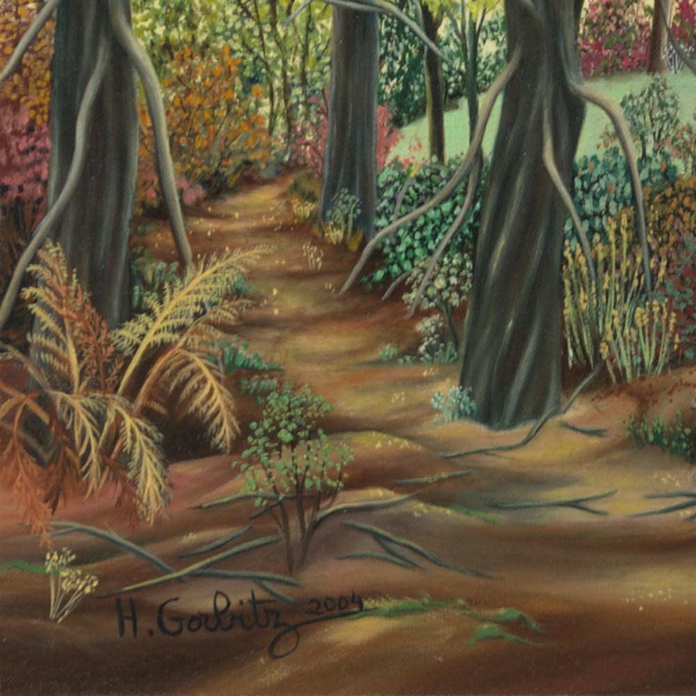 „“ Wald“, Entschlossene Bäume am Sonnenuntergang Landschaft Naive/ Primitivistisches Acrylgemälde im Angebot 13