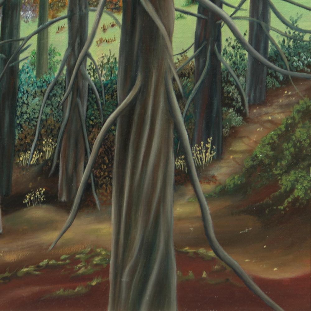 „“ Wald“, Entschlossene Bäume am Sonnenuntergang Landschaft Naive/ Primitivistisches Acrylgemälde im Angebot 14