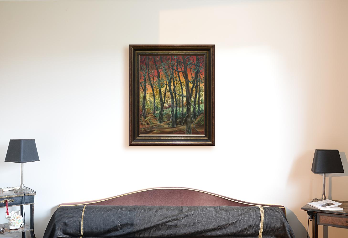 Dieses Kunstwerk zeigt einen Wald mit jungen Laubbäumen bei Sonnenuntergang, wobei der rote Himmel durch die Äste sichtbar ist.

Dieses Kunstwerk ist mit einem schönen geformten Rahmen gerahmt.  Maße ungerahmt: 61×50 cm.

Henriette Gorbitz ist eine