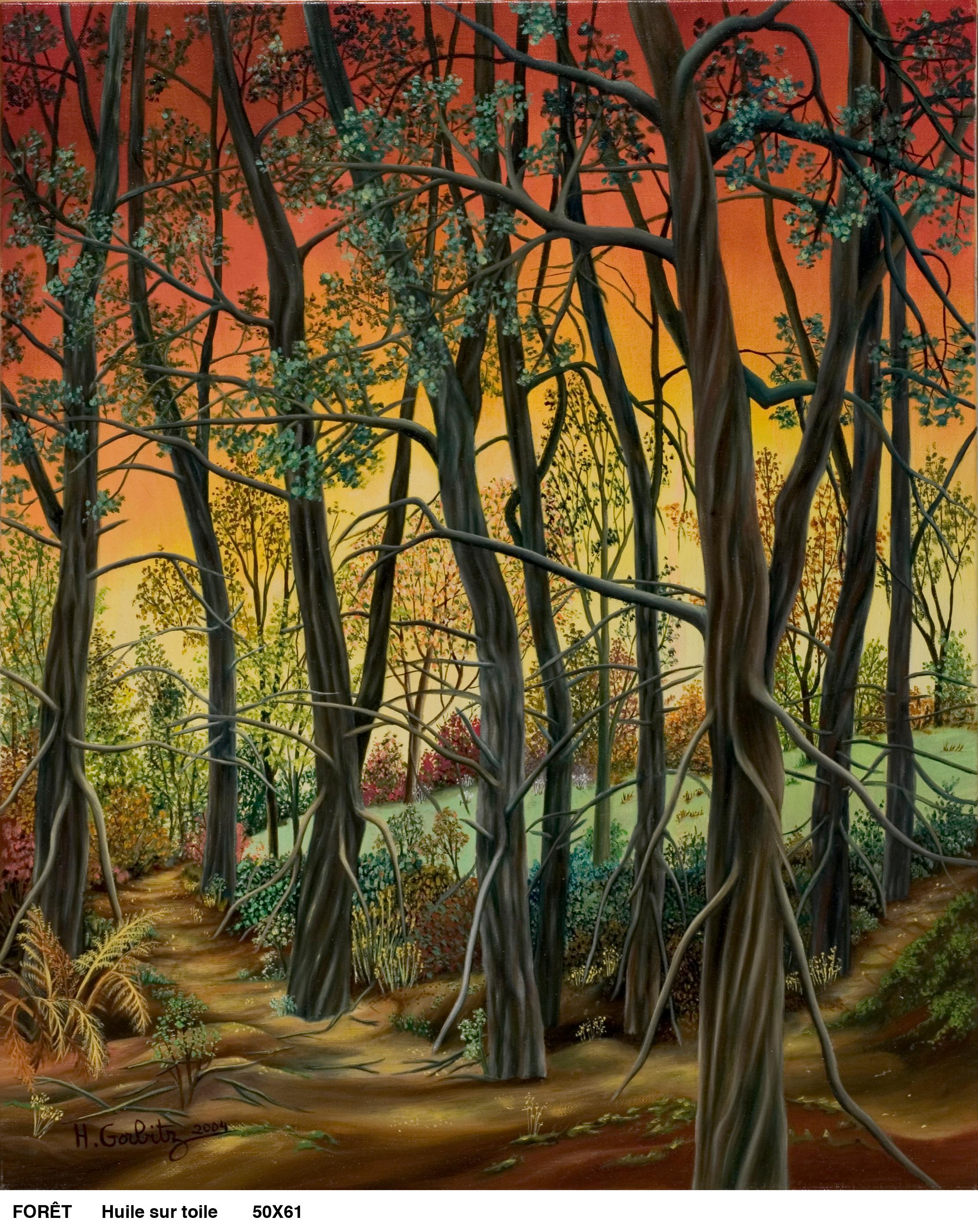 „“ Wald“, Entschlossene Bäume am Sonnenuntergang Landschaft Naive/ Primitivistisches Acrylgemälde (Schwarz), Landscape Painting, von Henriette Gorbitz