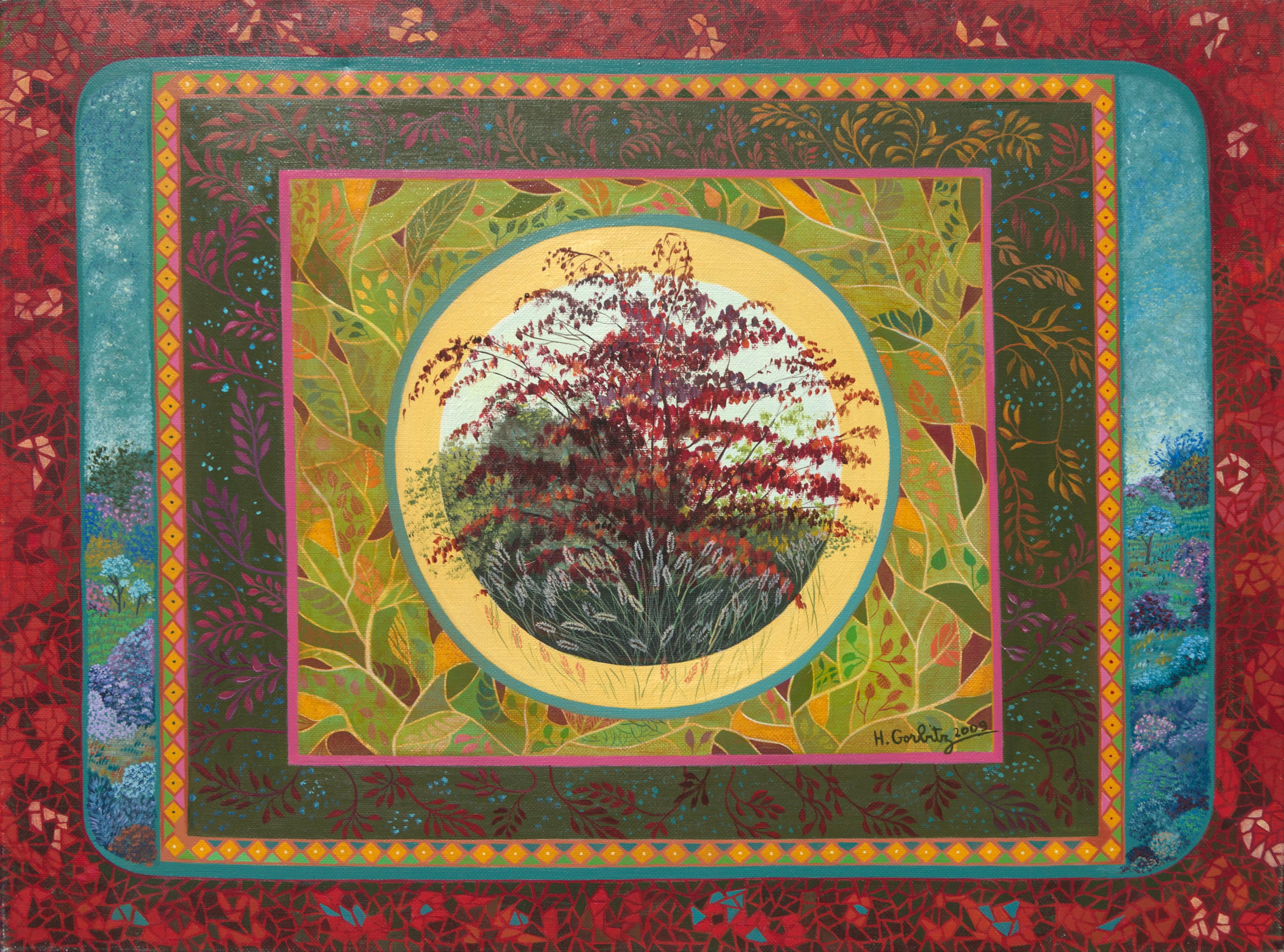 Henriette Gorbitz Figurative Painting - "The Red Tree", Multi-Layered Landscape Naive/Primitivist Acrylic Painting