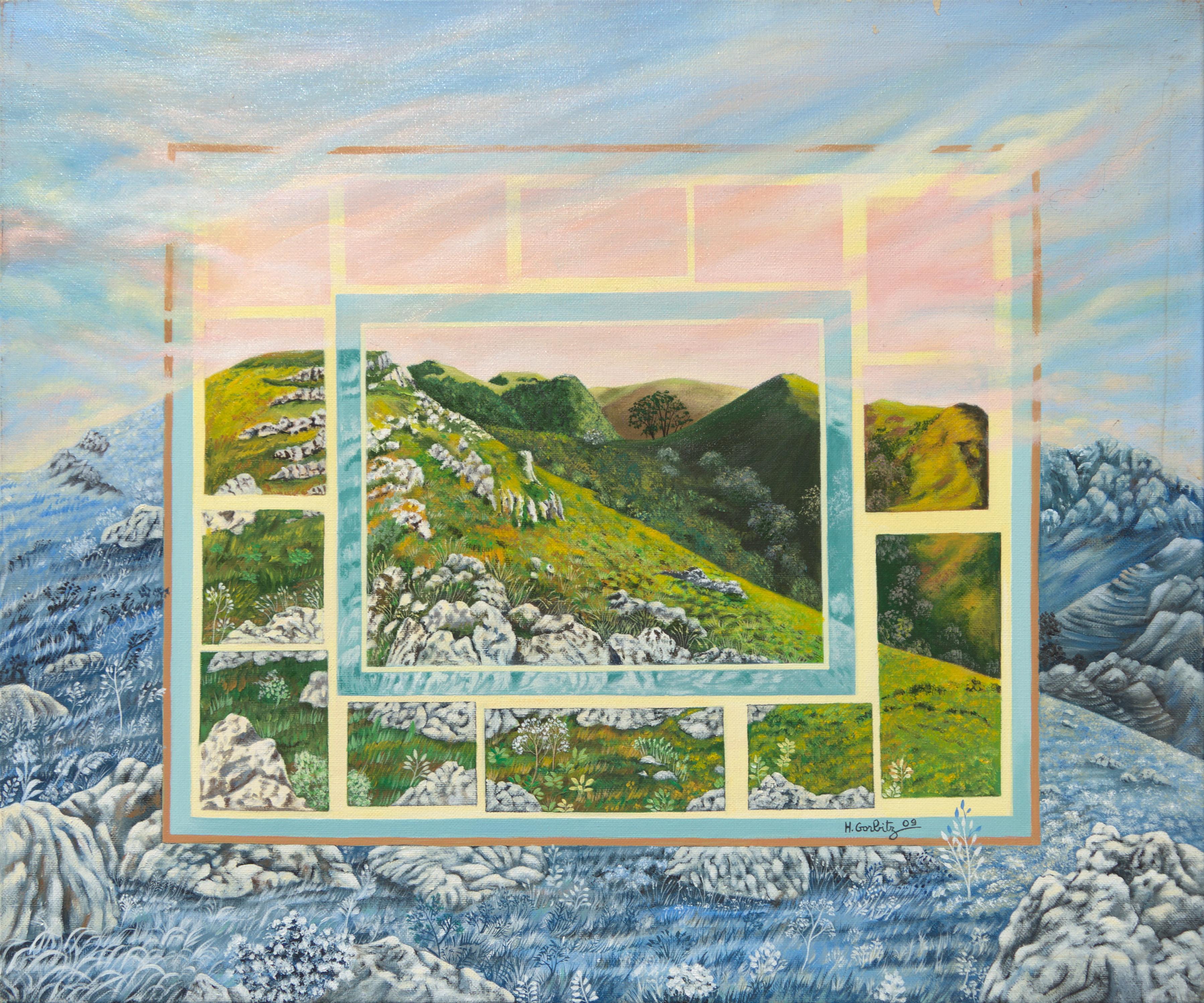Landscape Painting de Henriette Gorbitz - "Montañas", Highlander Paisaje de cielo rosa Pintura acrílica ingenua/primitivista