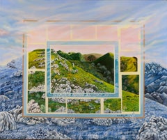 "Mountains", Highlander Pink Sky Landscape Naive/Primitivist Acrylic Painting