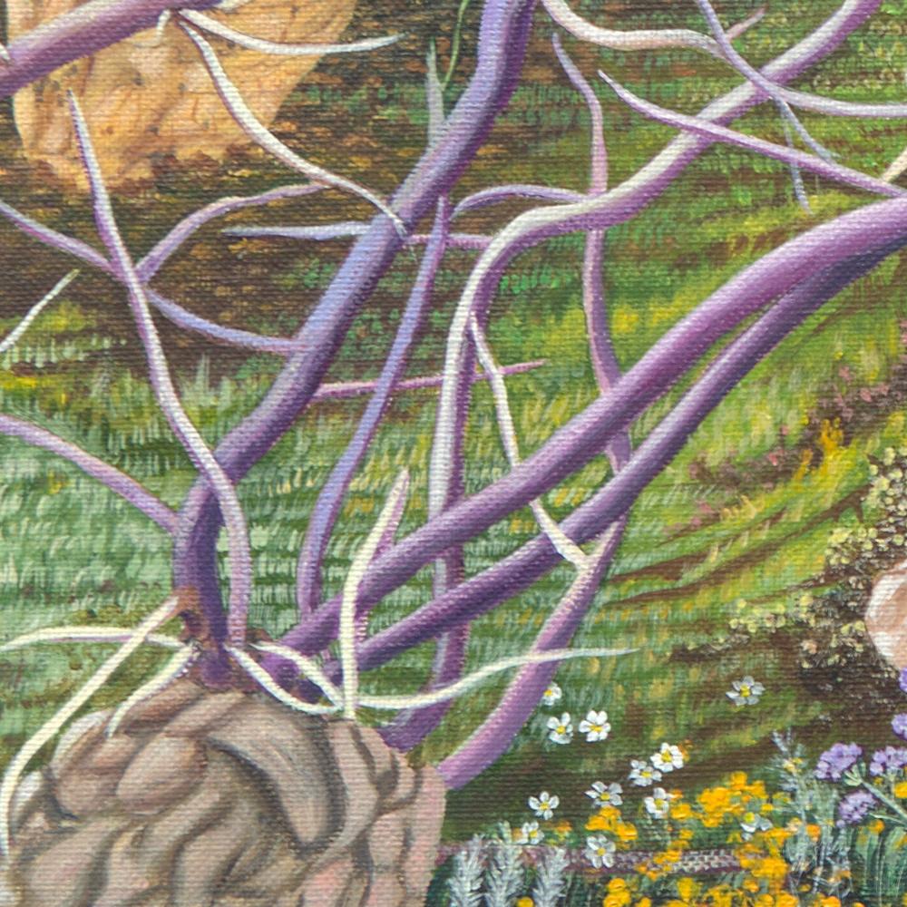 Esta obra de arte representa un paisaje verde, con una cadena montañosa al fondo y un jardín de flores en primer plano.  Pero el tema del cuadro son en realidad tres gigantescas patatas germinadas que abruman el lienzo.

Esta obra de arte no está